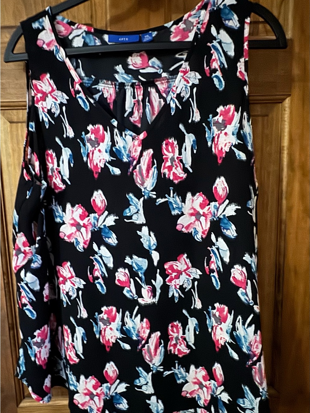 Apt. 9 Black Floral Cold-Shoulder V-Neck Blouse with Pink and Blue Accents